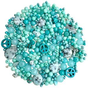 Turquoise Blue Bead Mix Lot - Peace Signs, Skulls, Stones, Glass, Acrylic Boho
